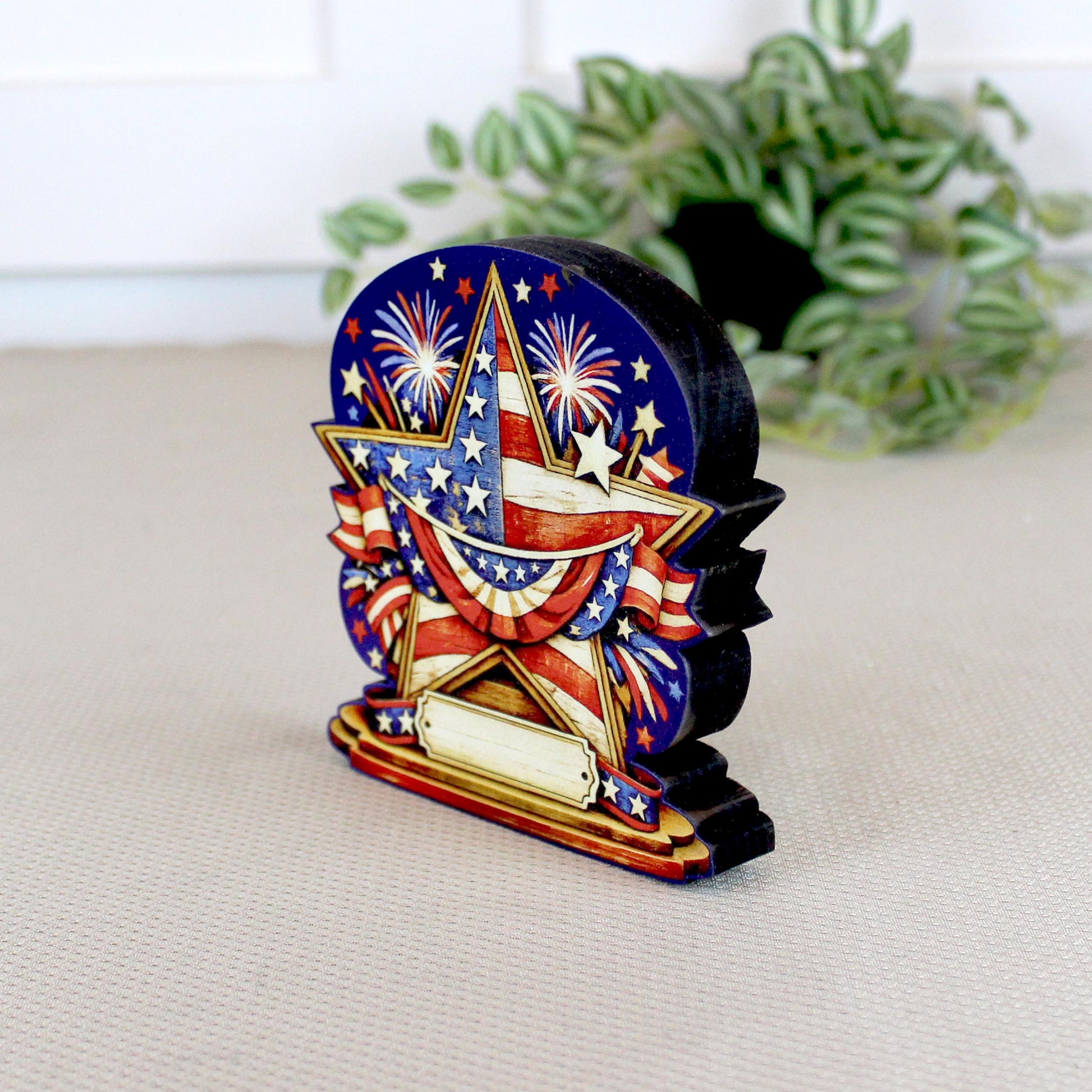 Personalized Patriotic Star Shelf Sitter, Americana Table Decor, 4th of July Decoration, Firework Shelf Sign, Independence Day Decoration