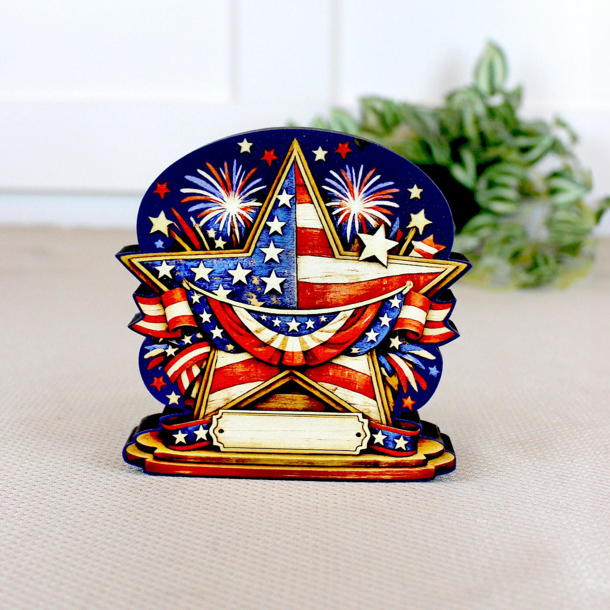 Personalized Patriotic Star Shelf Sitter, Americana Table Decor, 4th of July Decoration, Firework Shelf Sign, Independence Day Decoration