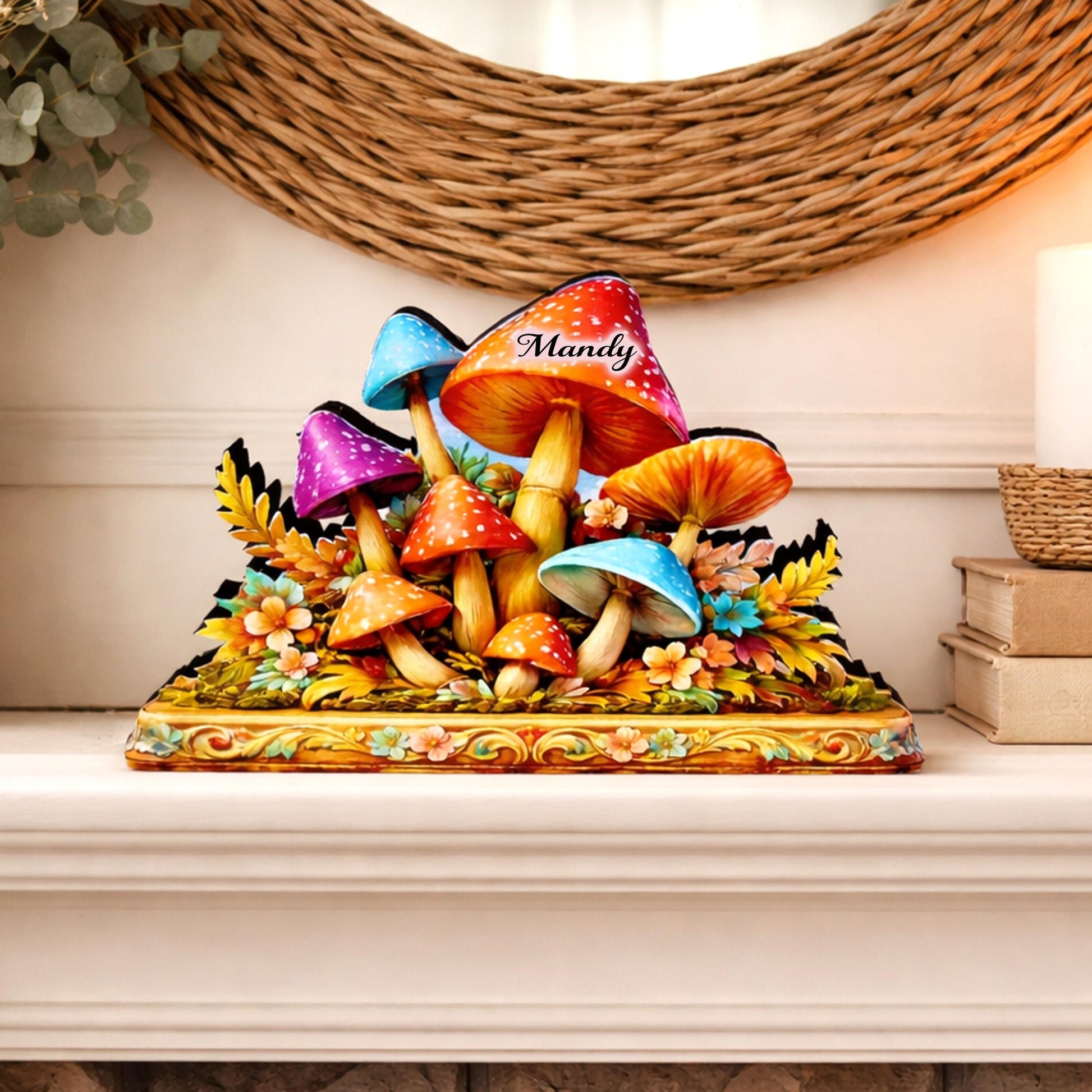 Personalized Colorful Mushroom Shelf Sitter, Nursery Table Decor, Whimsical Floral Woodland Decor, Baby Room Keepsake. Mantel & Tiered Tray