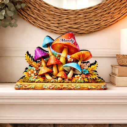 Personalized Colorful Mushroom Shelf Sitter, Nursery Table Decor, Whimsical Floral Woodland Decor, Baby Room Keepsake. Mantel & Tiered Tray