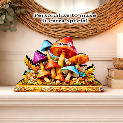 Personalized Colorful Mushroom Shelf Sitter, Nursery Table Decor, Whimsical Floral Woodland Decor, Baby Room Keepsake. Mantel & Tiered Tray