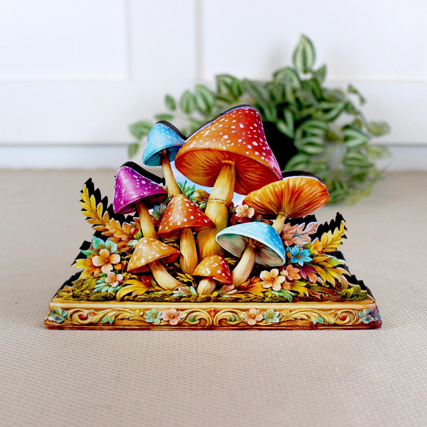 Personalized Colorful Mushroom Shelf Sitter, Nursery Table Decor, Whimsical Floral Woodland Decor, Baby Room Keepsake. Mantel & Tiered Tray