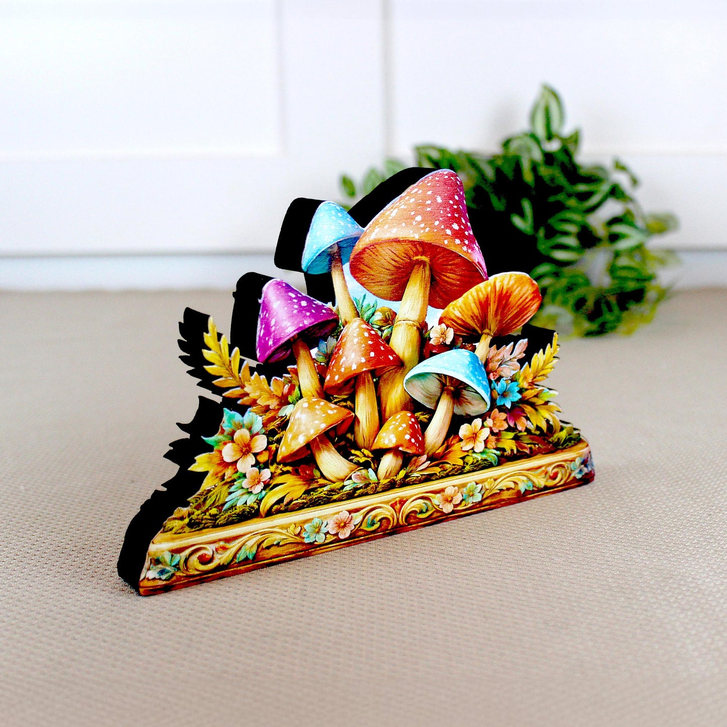 Personalized Colorful Mushroom Shelf Sitter, Nursery Table Decor, Whimsical Floral Woodland Decor, Baby Room Keepsake. Mantel & Tiered Tray