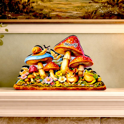 Personalized Colorful Mushroom Shelf Sitter – Toadstools and Field Mouse – Custom Name Kids Room or Nursery, Decor Mantel & Tiered Tray