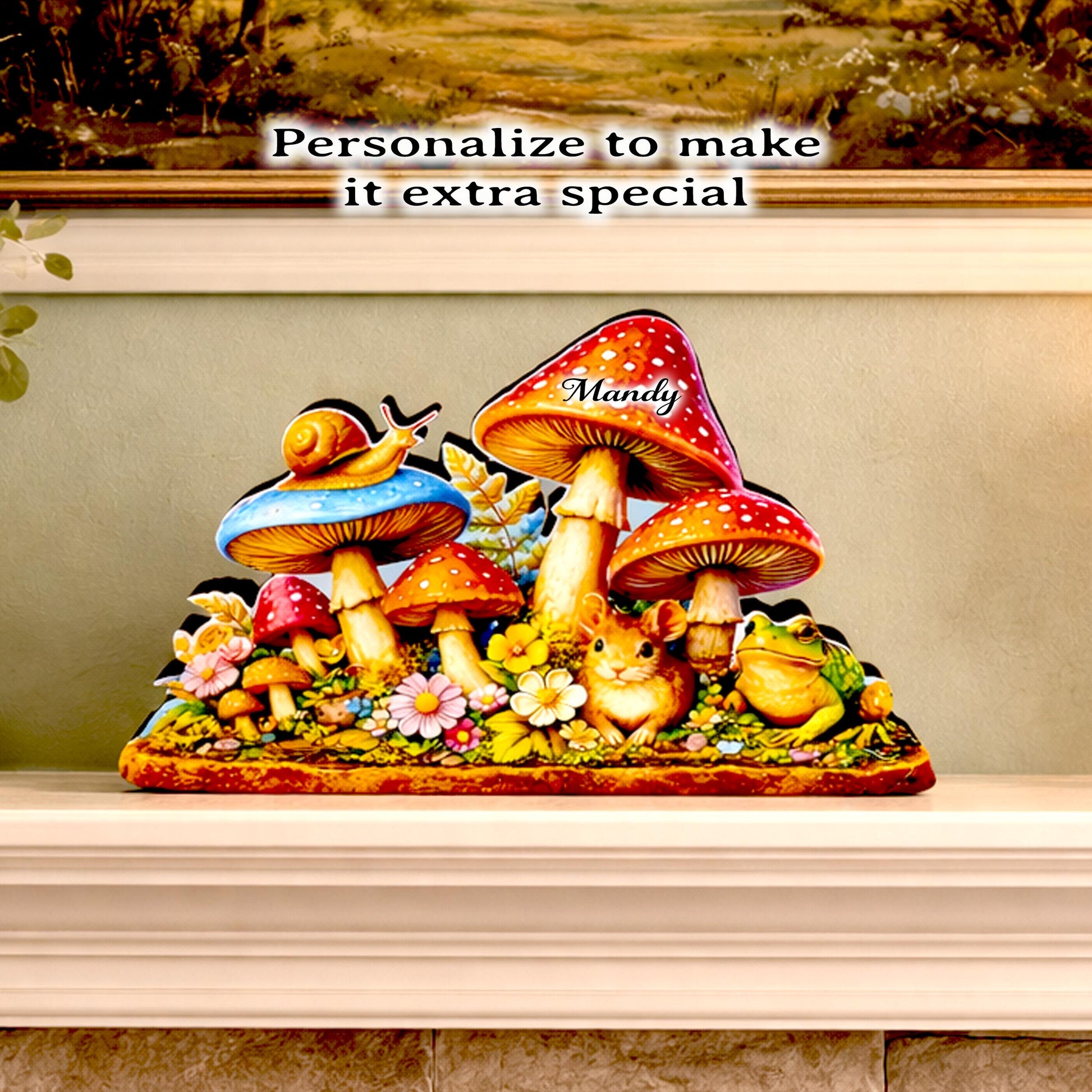 Personalized Colorful Mushroom Shelf Sitter – Toadstools and Field Mouse – Custom Name Kids Room or Nursery, Decor Mantel & Tiered Tray