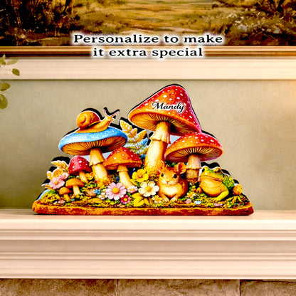 Personalized Colorful Mushroom Shelf Sitter – Toadstools and Field Mouse – Custom Name Kids Room or Nursery, Decor Mantel & Tiered Tray