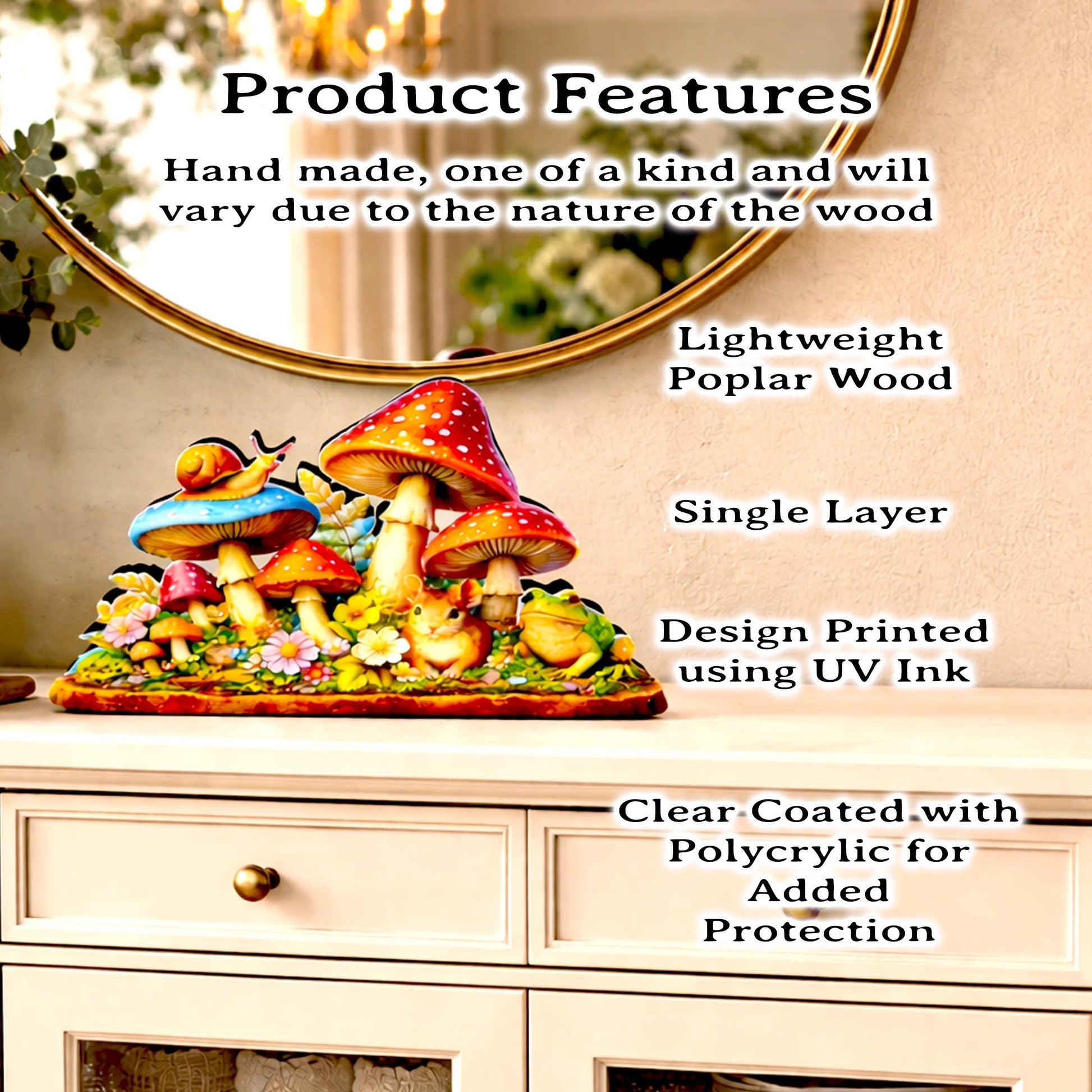 Personalized Colorful Mushroom Shelf Sitter – Toadstools and Field Mouse – Custom Name Kids Room or Nursery, Decor Mantel & Tiered Tray