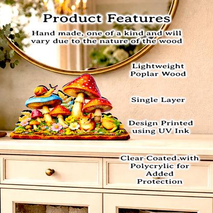 Personalized Colorful Mushroom Shelf Sitter – Toadstools and Field Mouse – Custom Name Kids Room or Nursery, Decor Mantel & Tiered Tray