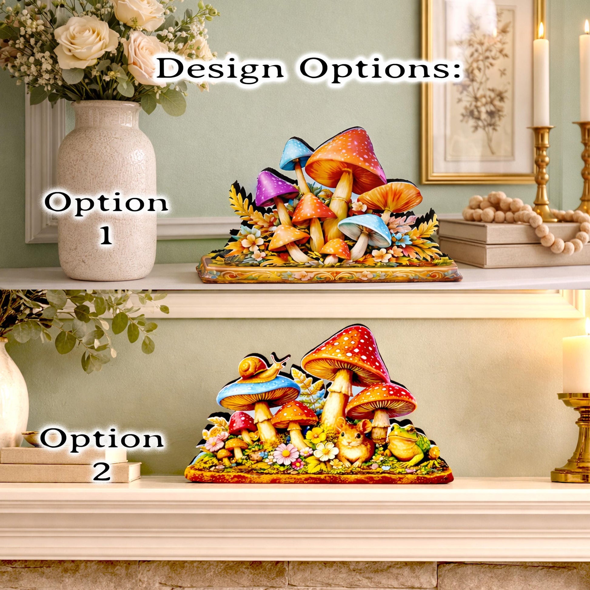 Personalized Colorful Mushroom Shelf Sitter – Toadstools and Field Mouse – Custom Name Kids Room or Nursery, Decor Mantel & Tiered Tray