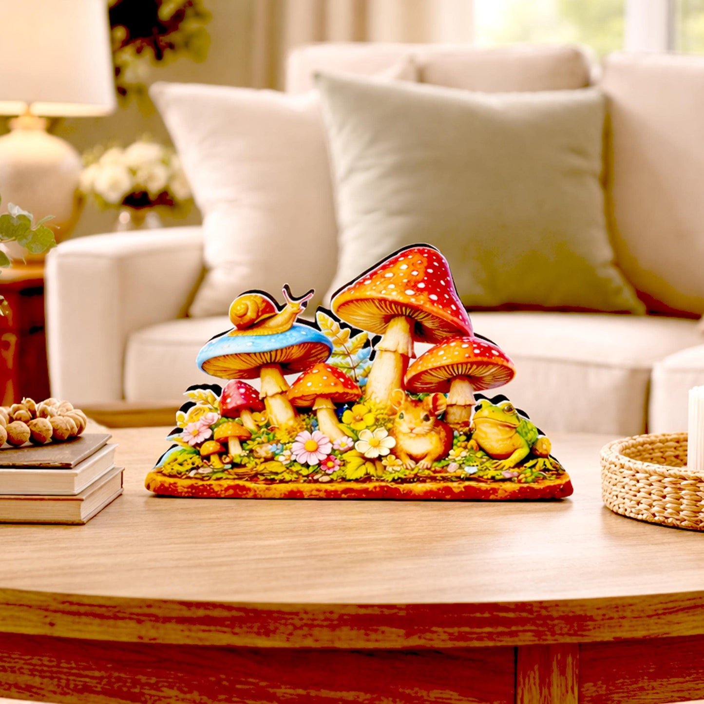 Personalized Colorful Mushroom Shelf Sitter – Toadstools and Field Mouse – Custom Name Kids Room or Nursery, Decor Mantel & Tiered Tray