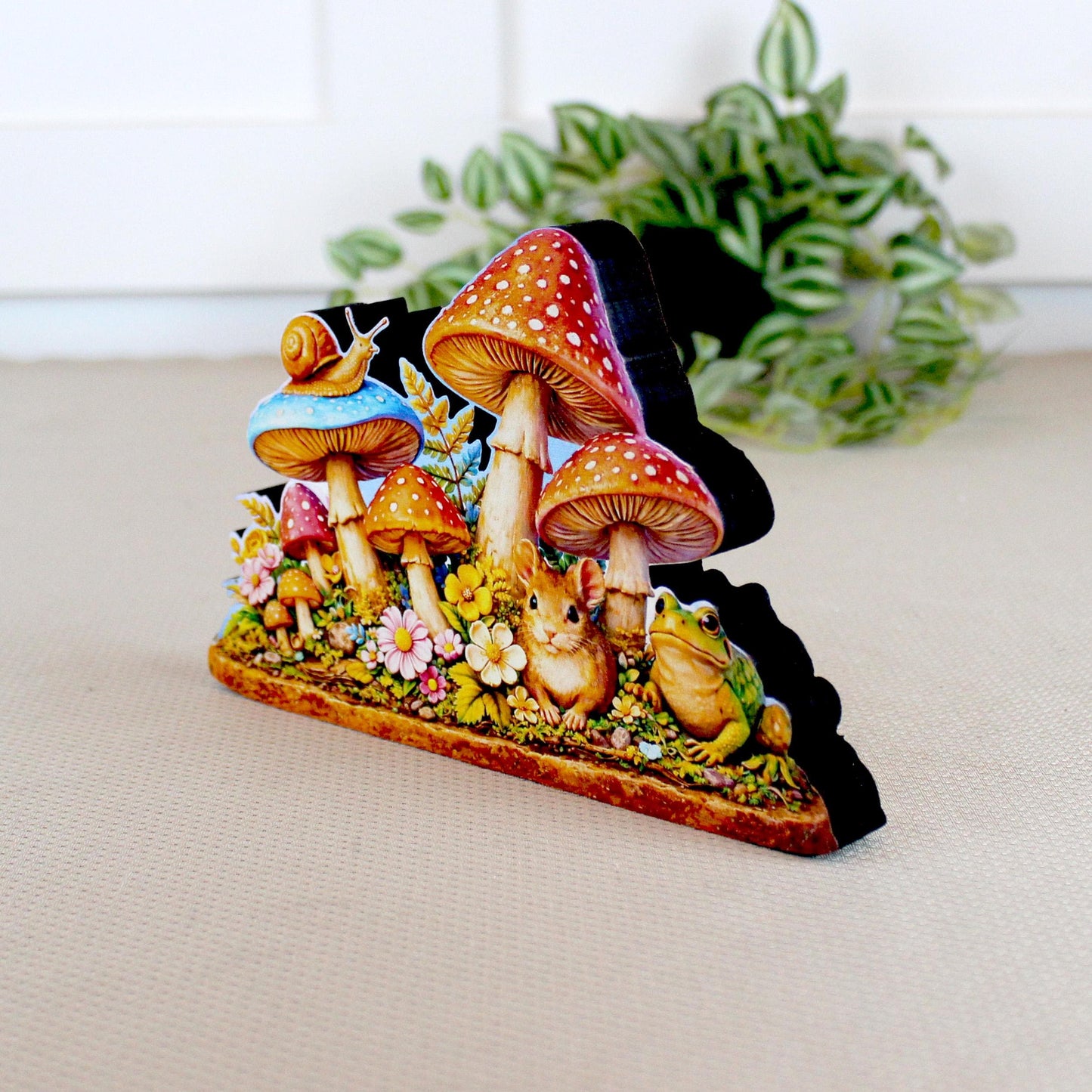 Personalized Colorful Mushroom Shelf Sitter – Toadstools and Field Mouse – Custom Name Kids Room or Nursery, Decor Mantel & Tiered Tray