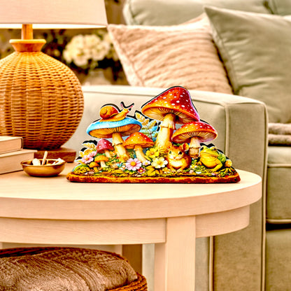 Personalized Colorful Mushroom Shelf Sitter – Toadstools and Field Mouse – Custom Name Kids Room or Nursery, Decor Mantel & Tiered Tray
