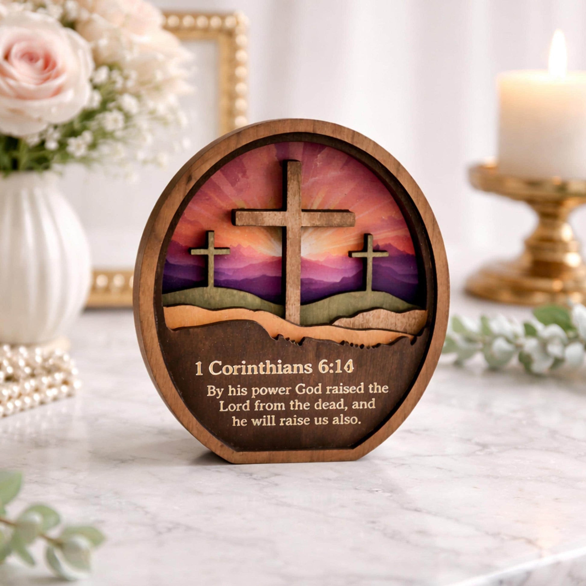 Personalized He Is Risen Easter Shelf Sitter, Christian Decor, Layered Wood Resurrection Sign, Religious Spring Tabletop Decor
