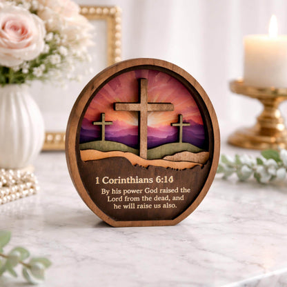 Personalized He Is Risen Easter Shelf Sitter, Christian Decor, Layered Wood Resurrection Sign, Religious Spring Tabletop Decor