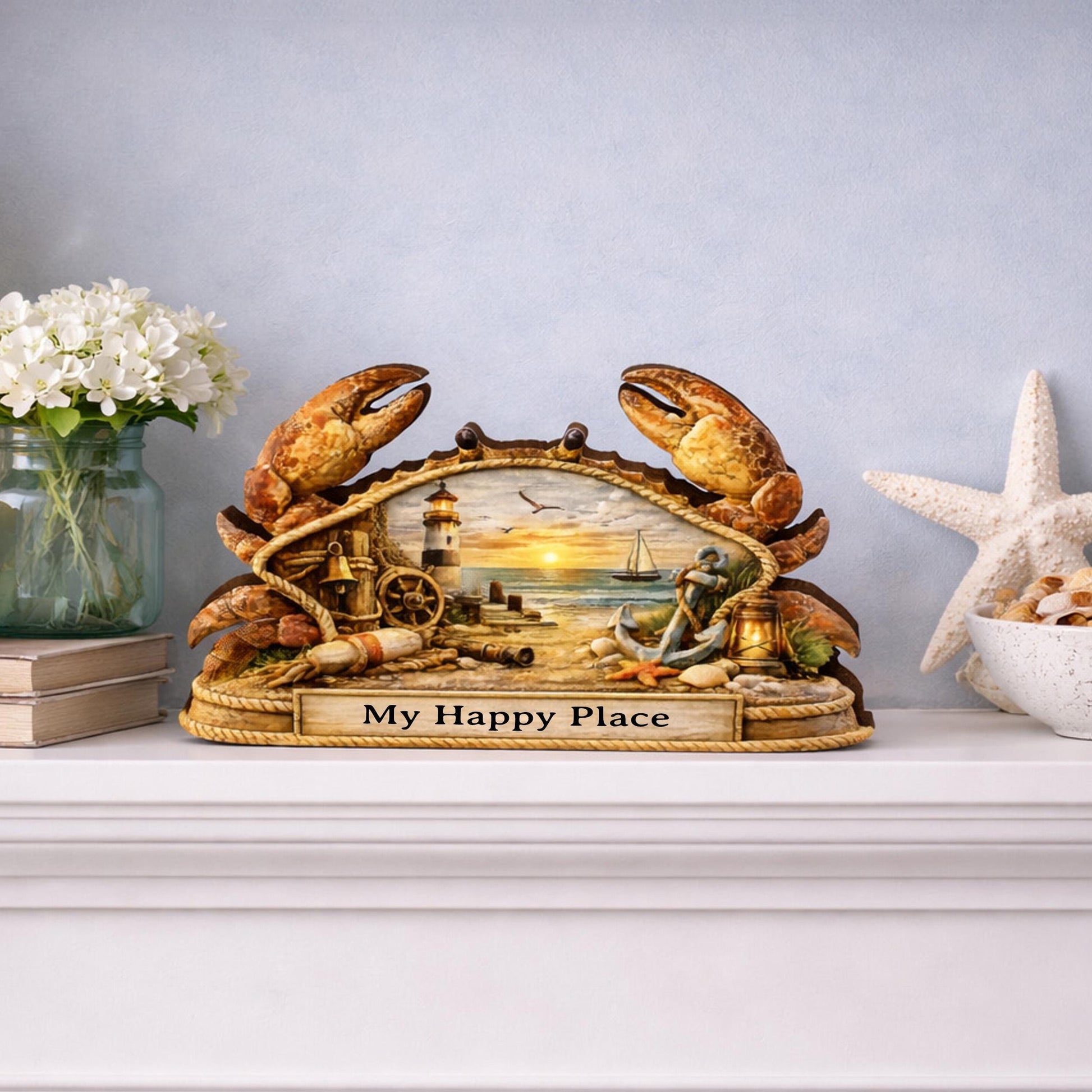 Personalized Nautical Crab Shelf Sitter, Coastal Beach Table Decor, Lighthouse Ocean Scene, Beach House Keepsake, Mantel & Tiered Tray Decor