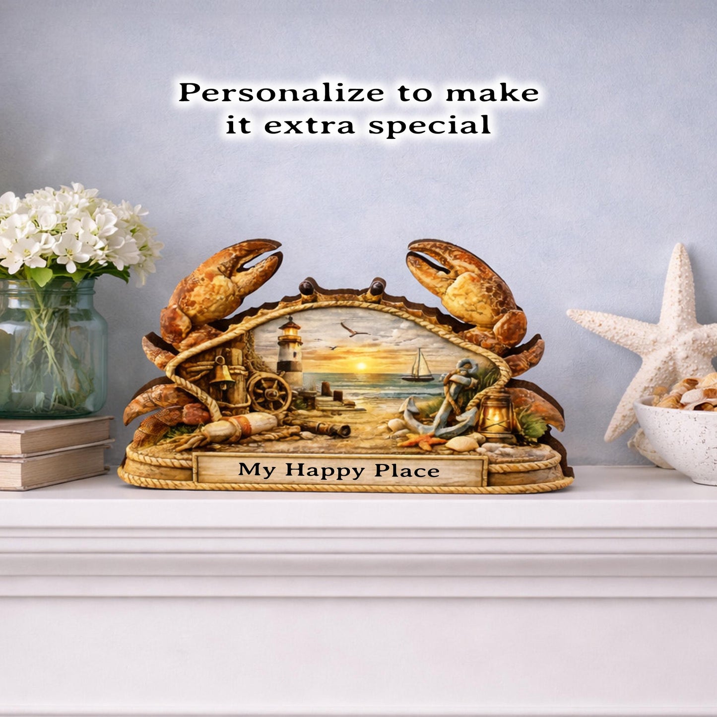 Personalized Nautical Crab Shelf Sitter, Coastal Beach Table Decor, Lighthouse Ocean Scene, Beach House Keepsake, Mantel & Tiered Tray Decor