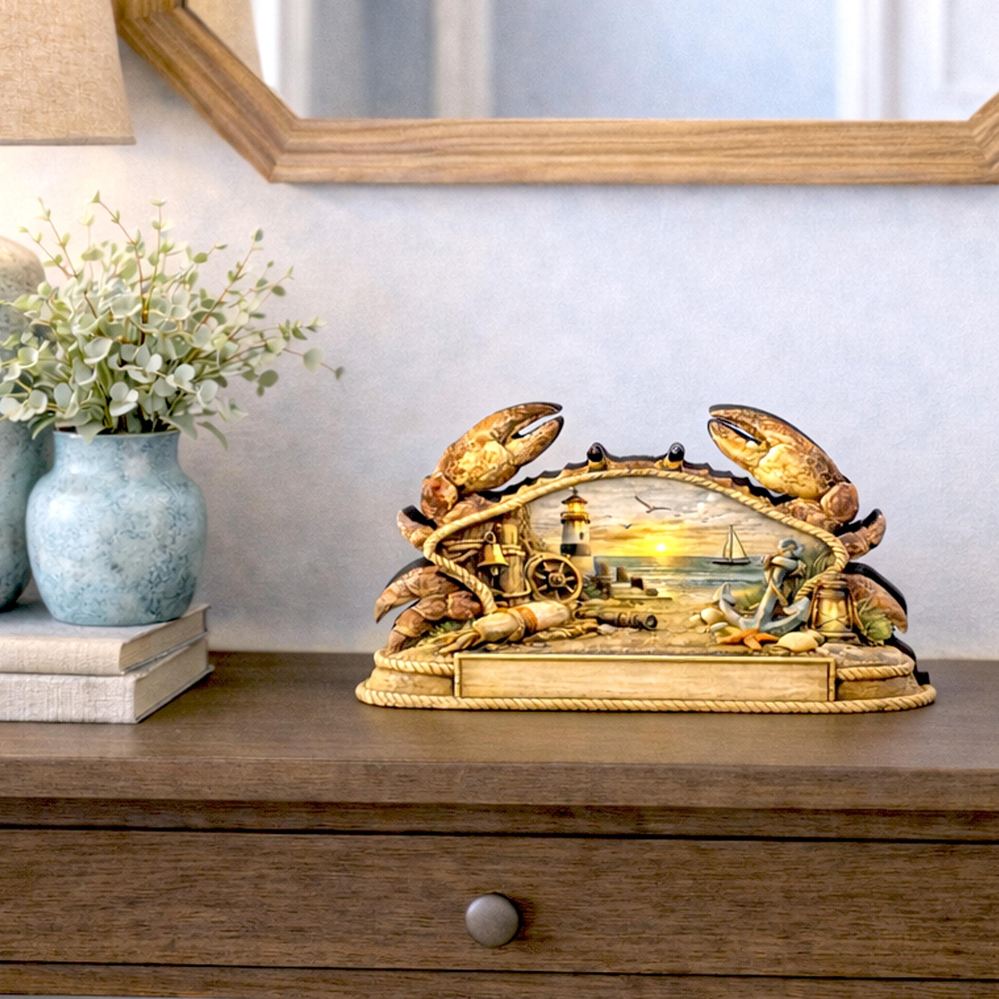 Personalized Nautical Crab Shelf Sitter, Coastal Beach Table Decor, Lighthouse Ocean Scene, Beach House Keepsake, Mantel & Tiered Tray Decor
