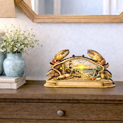 Personalized Nautical Crab Shelf Sitter, Coastal Beach Table Decor, Lighthouse Ocean Scene, Beach House Keepsake, Mantel & Tiered Tray Decor