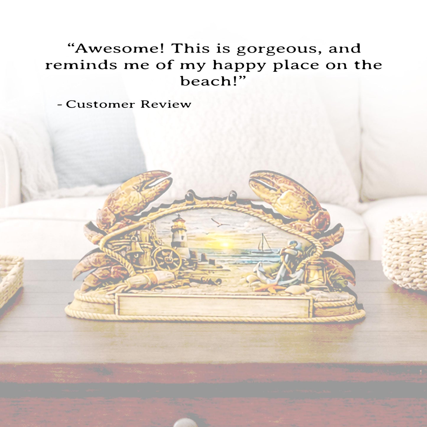 Personalized Nautical Crab Shelf Sitter, Coastal Beach Table Decor, Lighthouse Ocean Scene, Beach House Keepsake, Mantel & Tiered Tray Decor