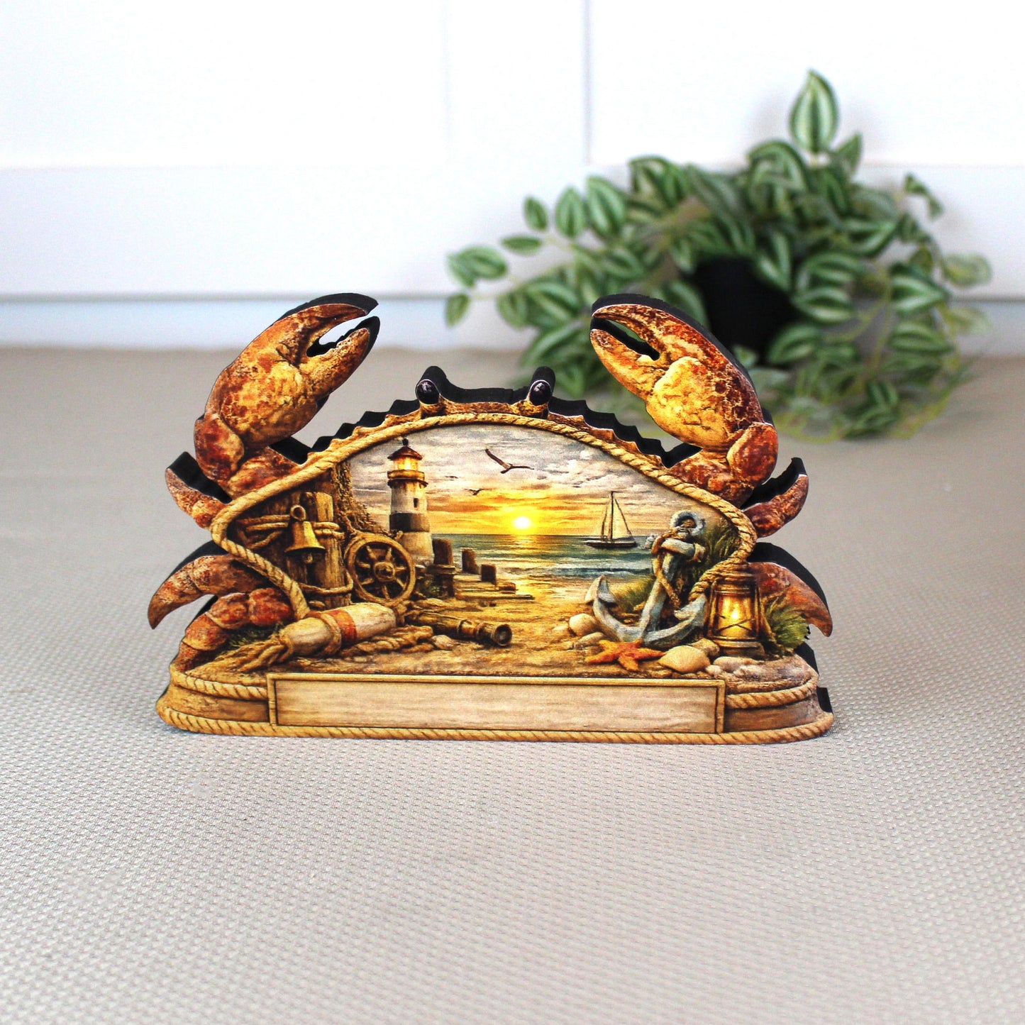 Personalized Nautical Crab Shelf Sitter, Coastal Beach Table Decor, Lighthouse Ocean Scene, Beach House Keepsake, Mantel & Tiered Tray Decor