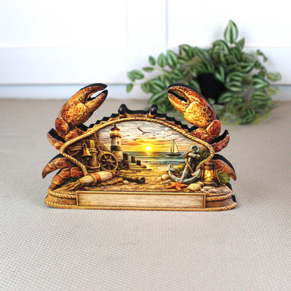 Personalized Nautical Crab Shelf Sitter, Coastal Beach Table Decor, Lighthouse Ocean Scene, Beach House Keepsake, Mantel & Tiered Tray Decor