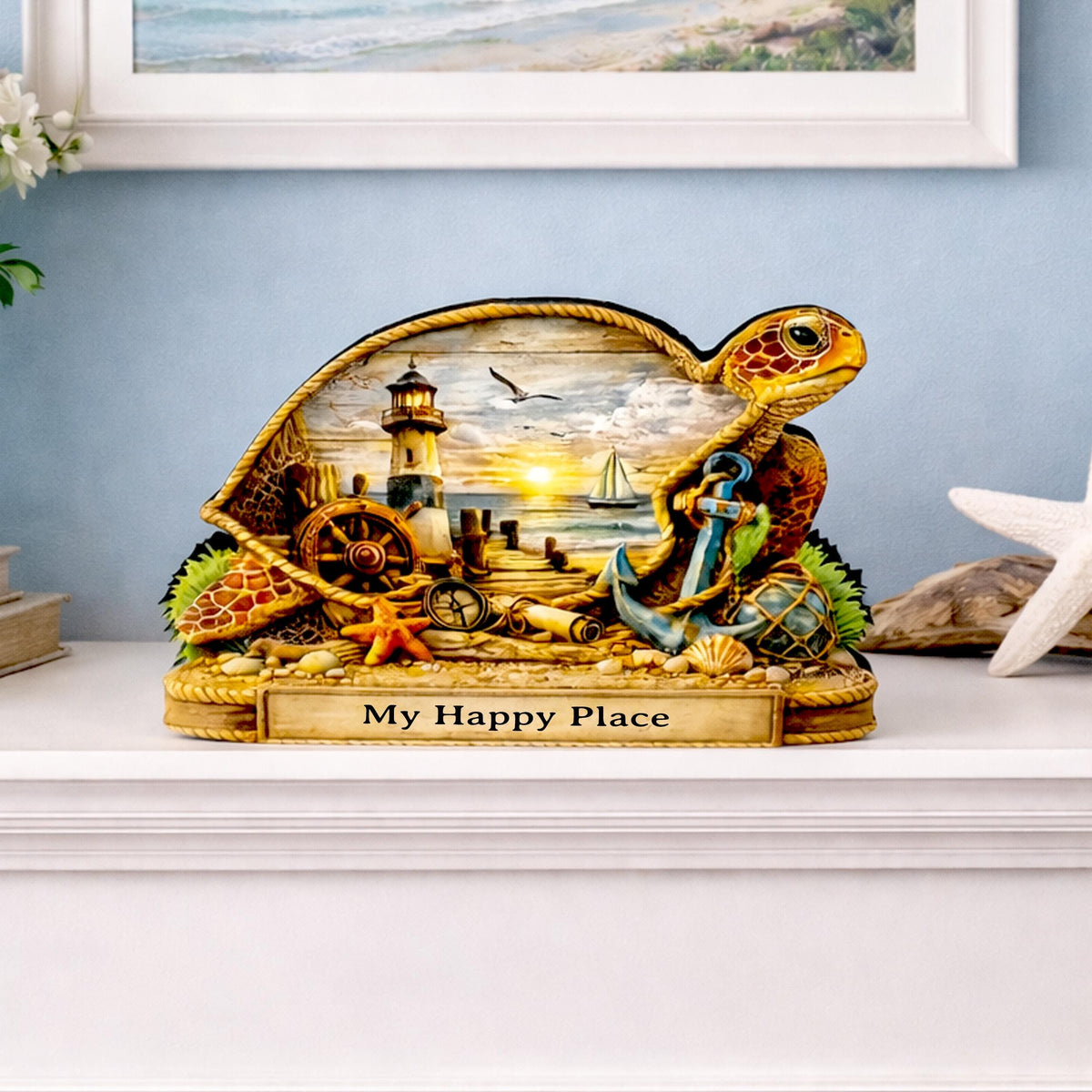 Personalized Sea Turtle Shelf Sitter, Nautical Beach Decor, Coastal Turtle Tabletop Sign, Beach House Keepsake, Mantle & Shelf Decor