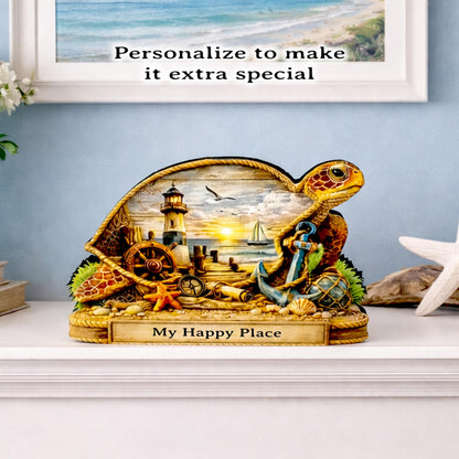 Personalized Sea Turtle Shelf Sitter, Nautical Beach Decor, Coastal Turtle Tabletop Sign, Beach House Keepsake, Mantle & Shelf Decor
