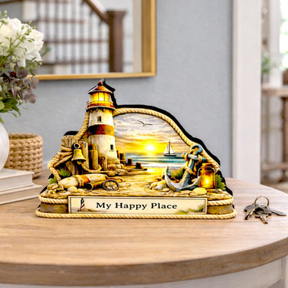 Personalized Lighthouse Shelf Sitter, Nautical Beach Decor, Coastal Tabletop Sign, Beach House Keepsake, Shelf & Mantle Decor