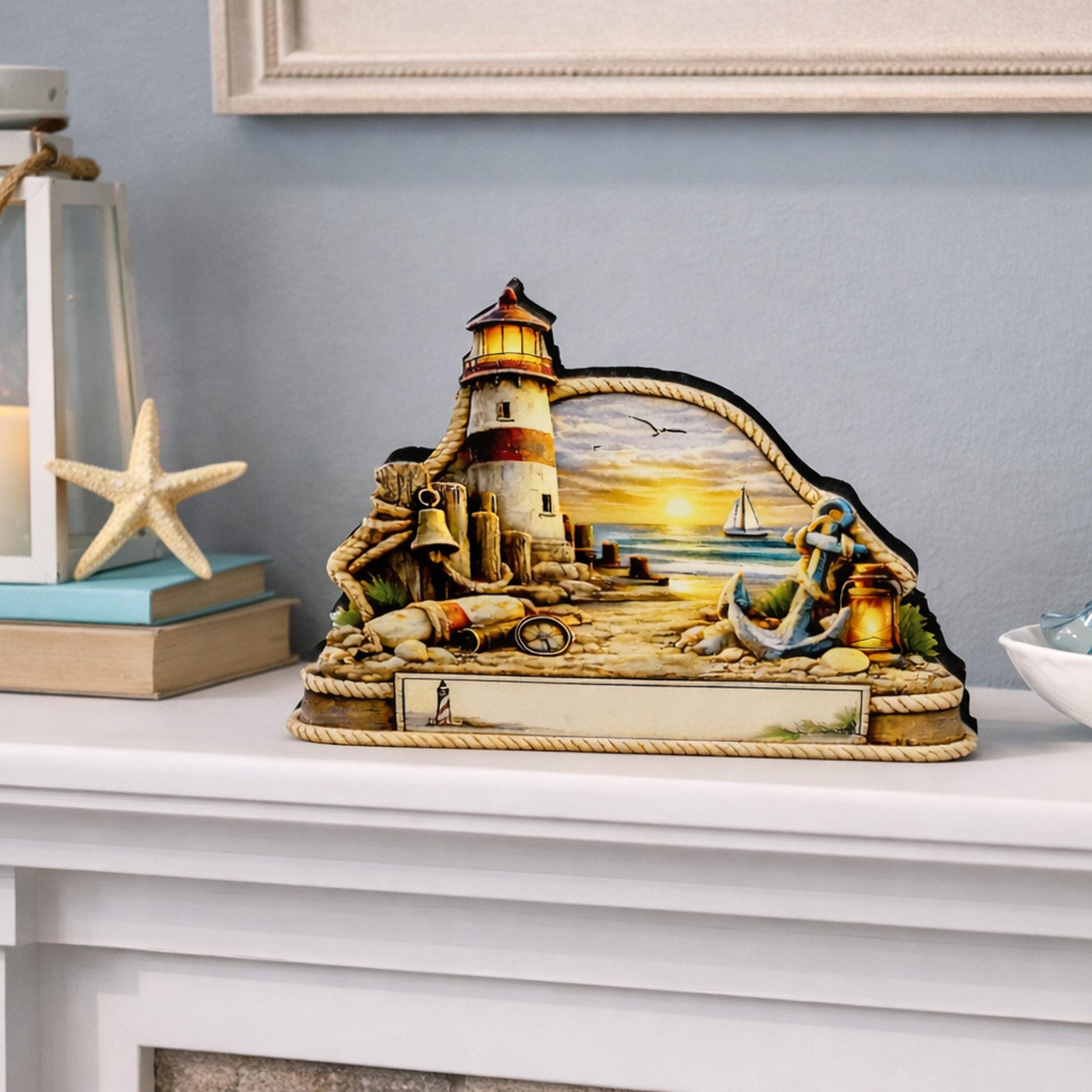 Personalized Lighthouse Shelf Sitter, Nautical Beach Decor, Coastal Tabletop Sign, Beach House Keepsake, Shelf & Mantle Decor
