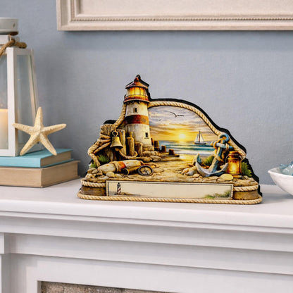 Personalized Lighthouse Shelf Sitter, Nautical Beach Decor, Coastal Tabletop Sign, Beach House Keepsake, Shelf & Mantle Decor