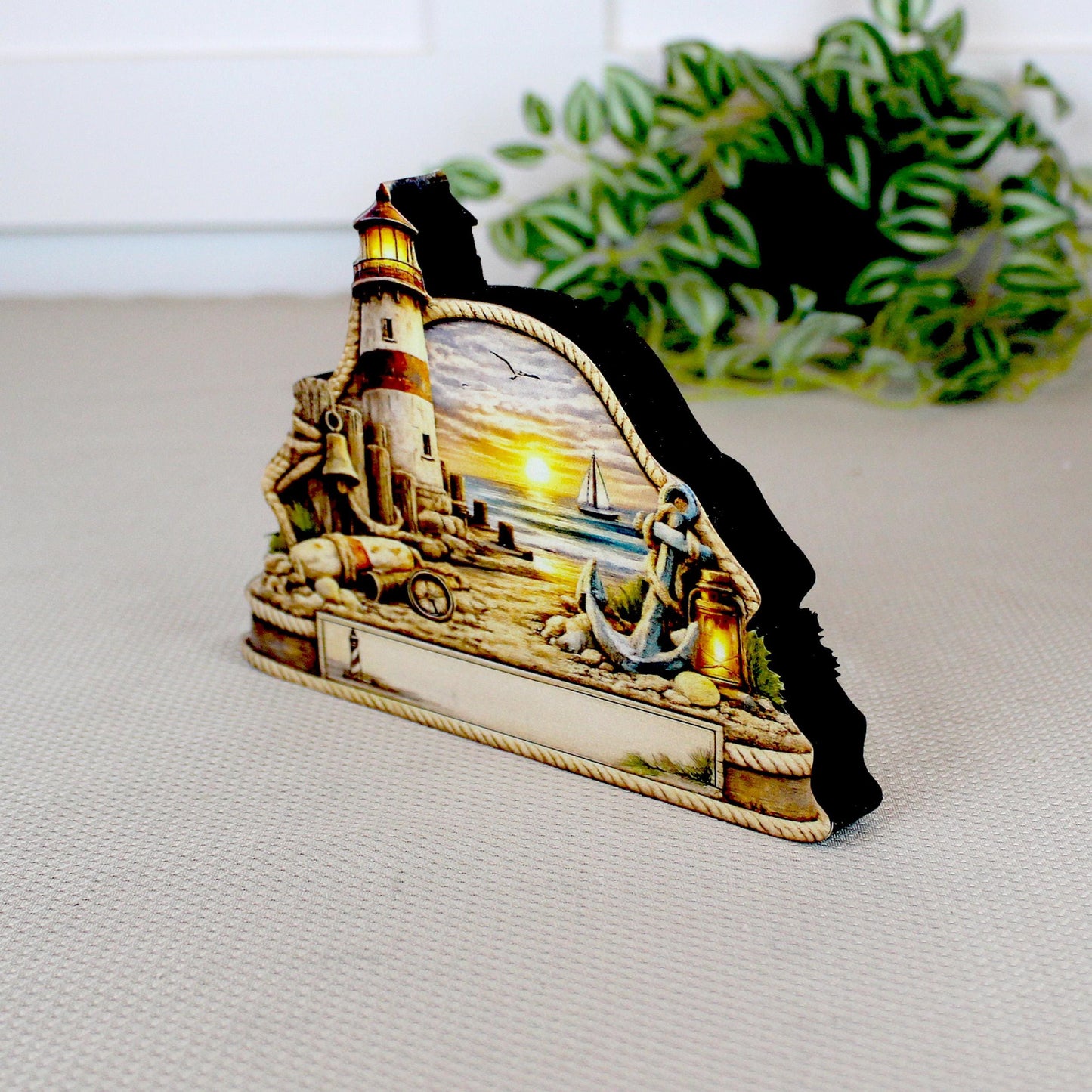Personalized Lighthouse Shelf Sitter, Nautical Beach Decor, Coastal Tabletop Sign, Beach House Keepsake, Shelf & Mantle Decor
