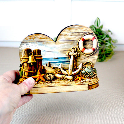 Personalized Coastal Heart Shelf Sitter, Nautical Beach House Decor, Ocean Lover Gift, Tabletop Sign, Keepsake, Mantel & Tiered Tray Decor