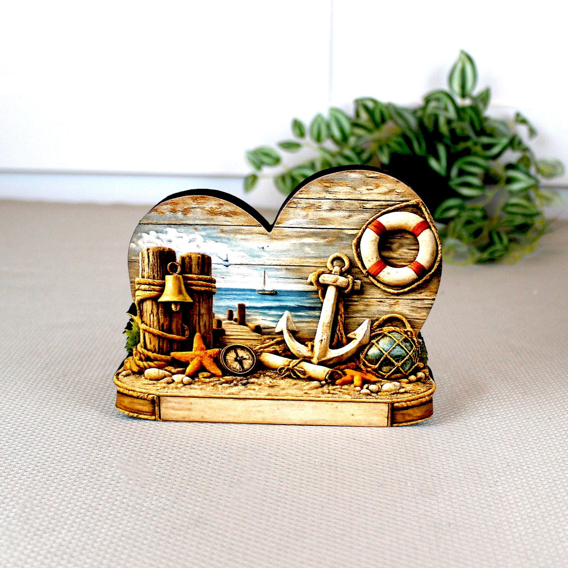 Personalized Coastal Heart Shelf Sitter, Nautical Beach House Decor, Ocean Lover Gift, Tabletop Sign, Keepsake, Mantel & Tiered Tray Decor