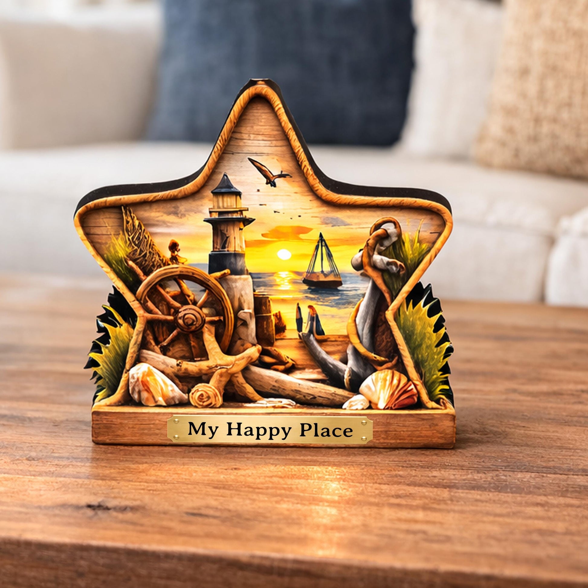 Personalized Coastal Star Shelf Sitter, Nautical Beach Decor, Lighthouse Tabletop Sign, Beach House Keepsake, Shelf & Mantle Decor