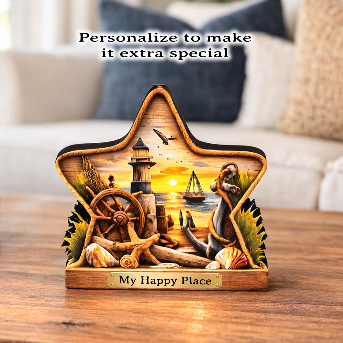 Personalized Coastal Star Shelf Sitter, Nautical Beach Decor, Lighthouse Tabletop Sign, Beach House Keepsake, Shelf & Mantle Decor