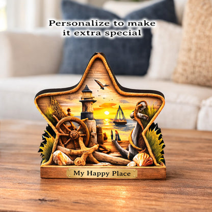 Personalized Coastal Star Shelf Sitter, Nautical Beach Decor, Lighthouse Tabletop Sign, Beach House Keepsake, Shelf & Mantle Decor