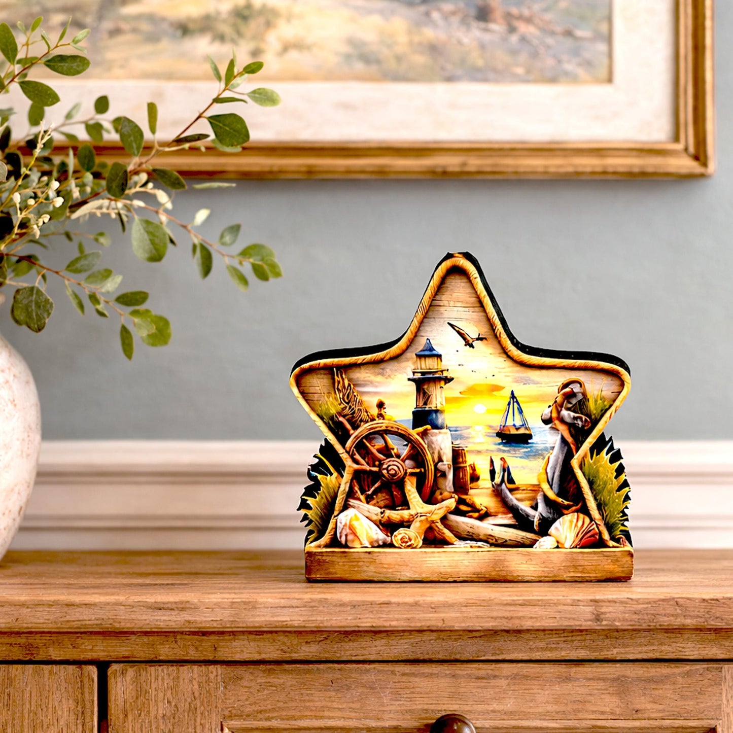 Personalized Coastal Star Shelf Sitter, Nautical Beach Decor, Lighthouse Tabletop Sign, Beach House Keepsake, Shelf & Mantle Decor