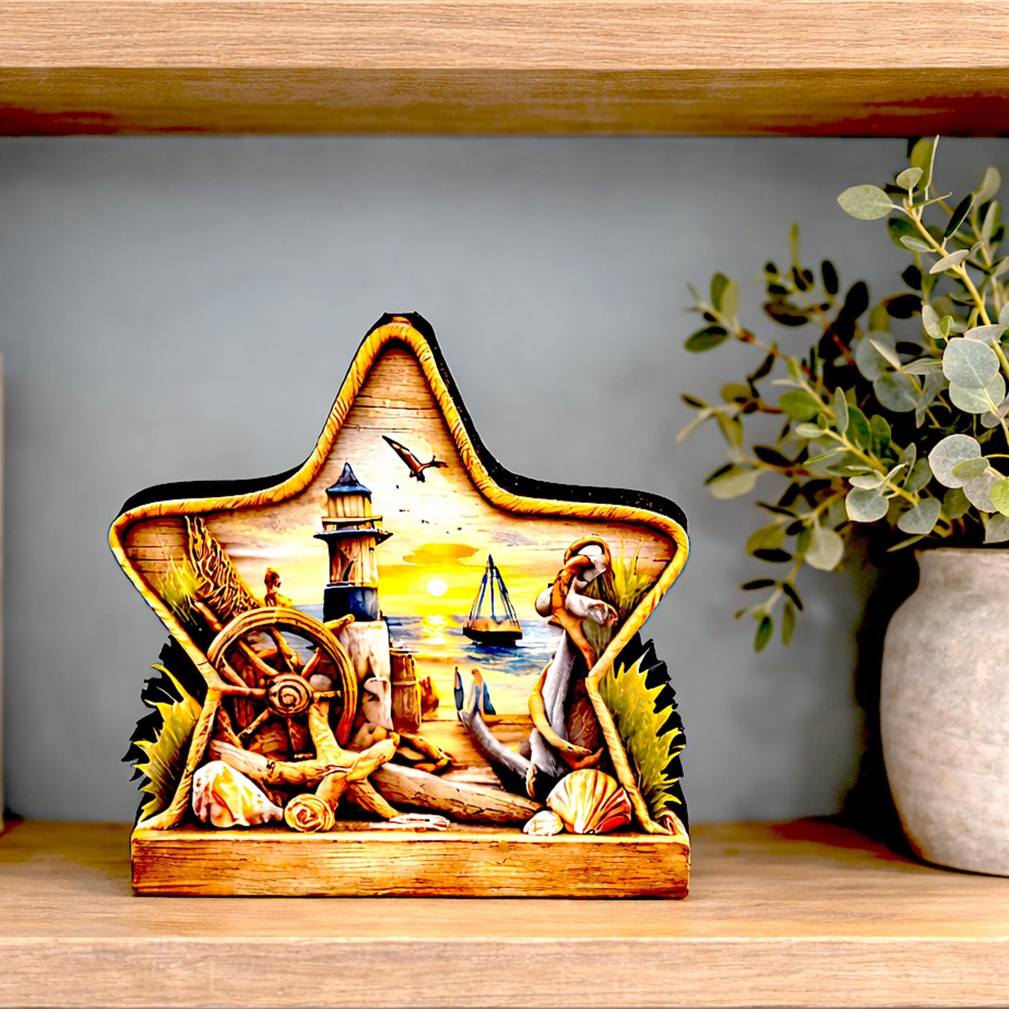 Personalized Coastal Star Shelf Sitter, Nautical Beach Decor, Lighthouse Tabletop Sign, Beach House Keepsake, Shelf & Mantle Decor