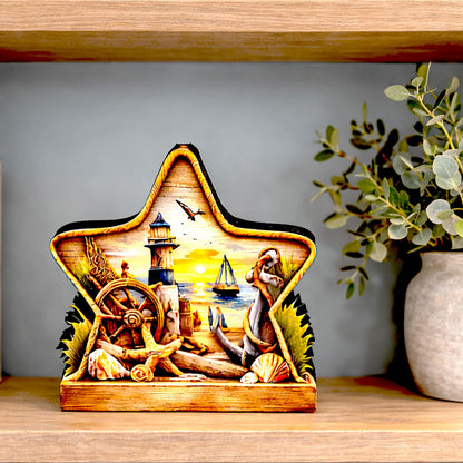 Personalized Coastal Star Shelf Sitter, Nautical Beach Decor, Lighthouse Tabletop Sign, Beach House Keepsake, Shelf & Mantle Decor