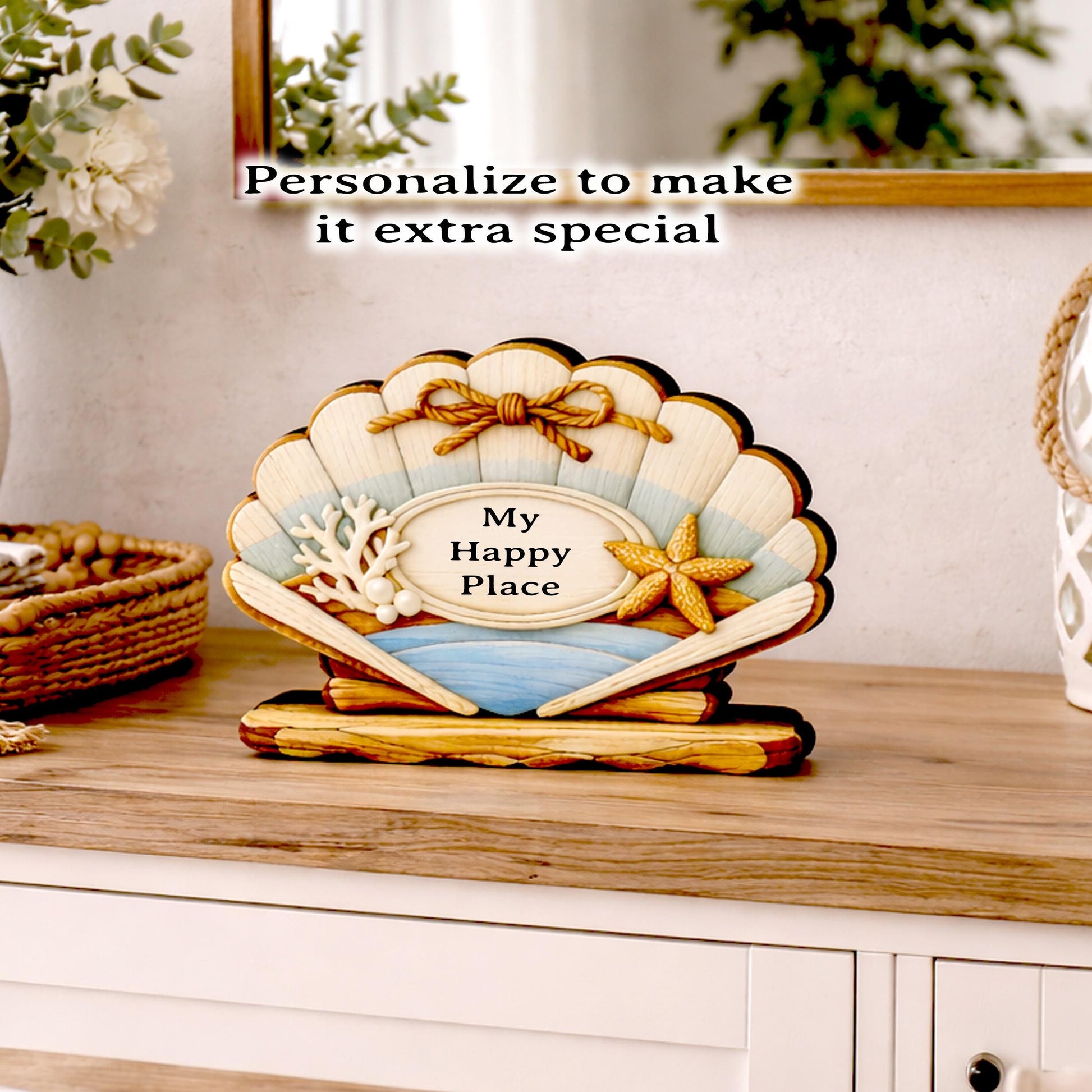 Personalized Scalloped Seashell Shelf Sitter, Nautical Beach Decor, Coastal Tabletop Sign, Beach House Keepsake, Shelf & Mantle Decor