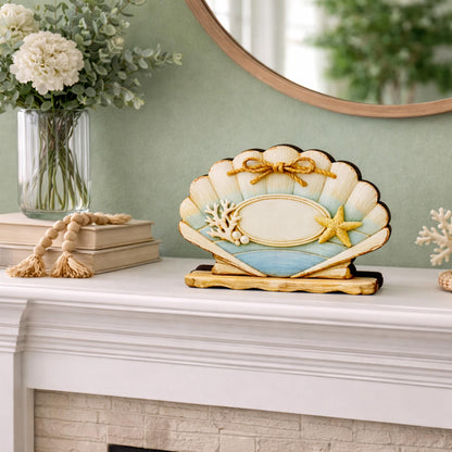 Personalized Scalloped Seashell Shelf Sitter, Nautical Beach Decor, Coastal Tabletop Sign, Beach House Keepsake, Shelf & Mantle Decor