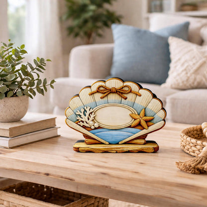 Personalized Scalloped Seashell Shelf Sitter, Nautical Beach Decor, Coastal Tabletop Sign, Beach House Keepsake, Shelf & Mantle Decor