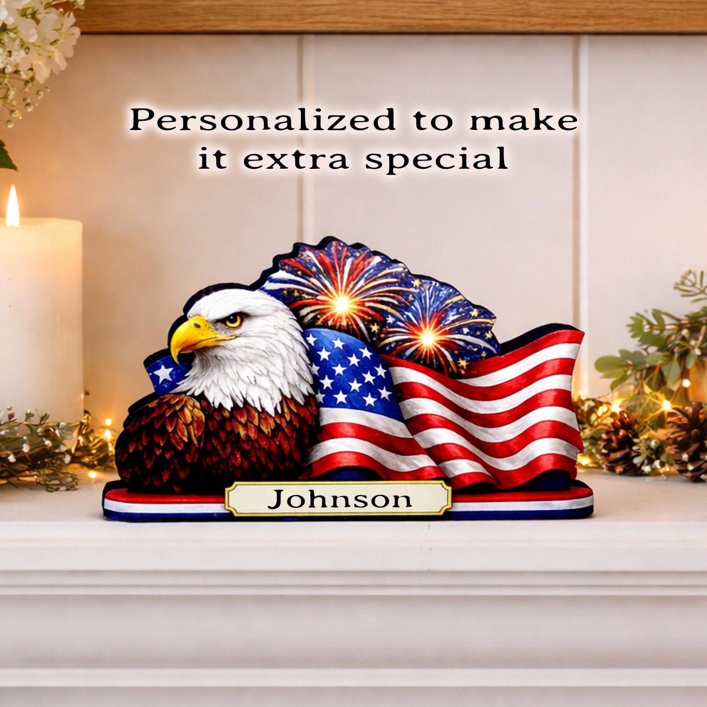 Personalized Patriotic Eagle Shelf Sitter, American Flag Table Decor, 4th of July Shelf Decor, Americana Firework Sign