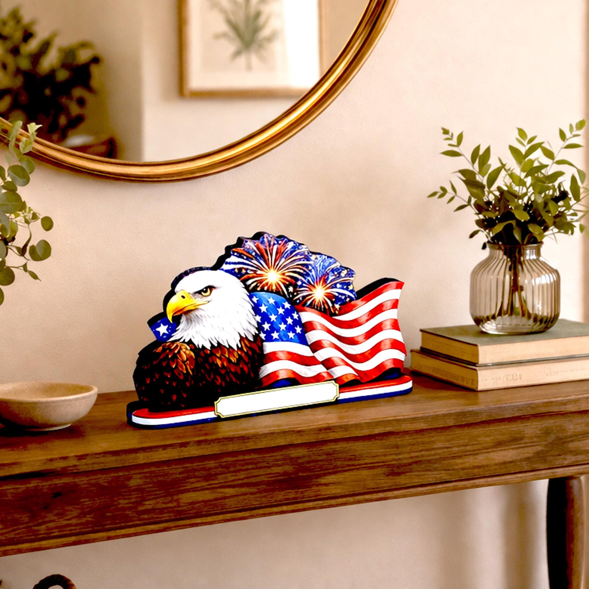 Personalized Patriotic Eagle Shelf Sitter, American Flag Table Decor, 4th of July Shelf Decor, Americana Firework Sign