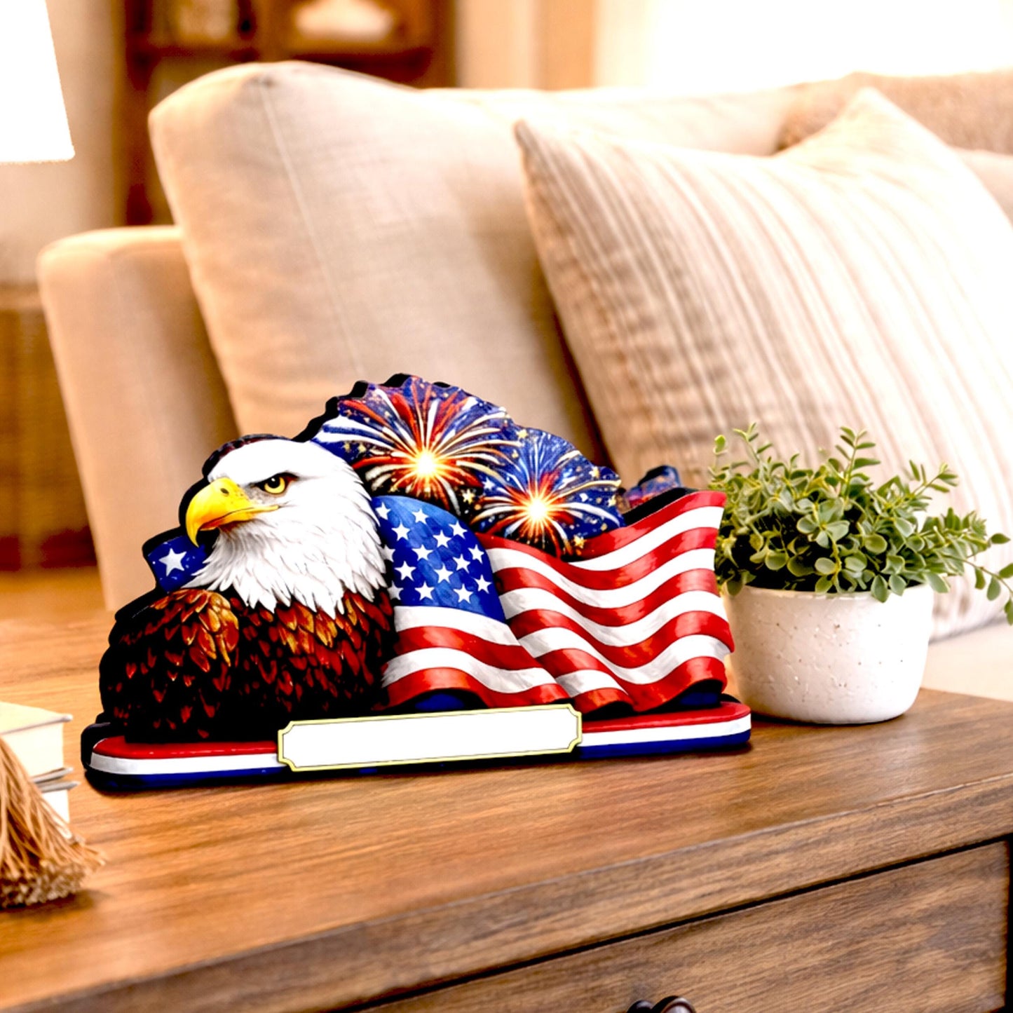 Personalized Patriotic Eagle Shelf Sitter, American Flag Table Decor, 4th of July Shelf Decor, Americana Firework Sign