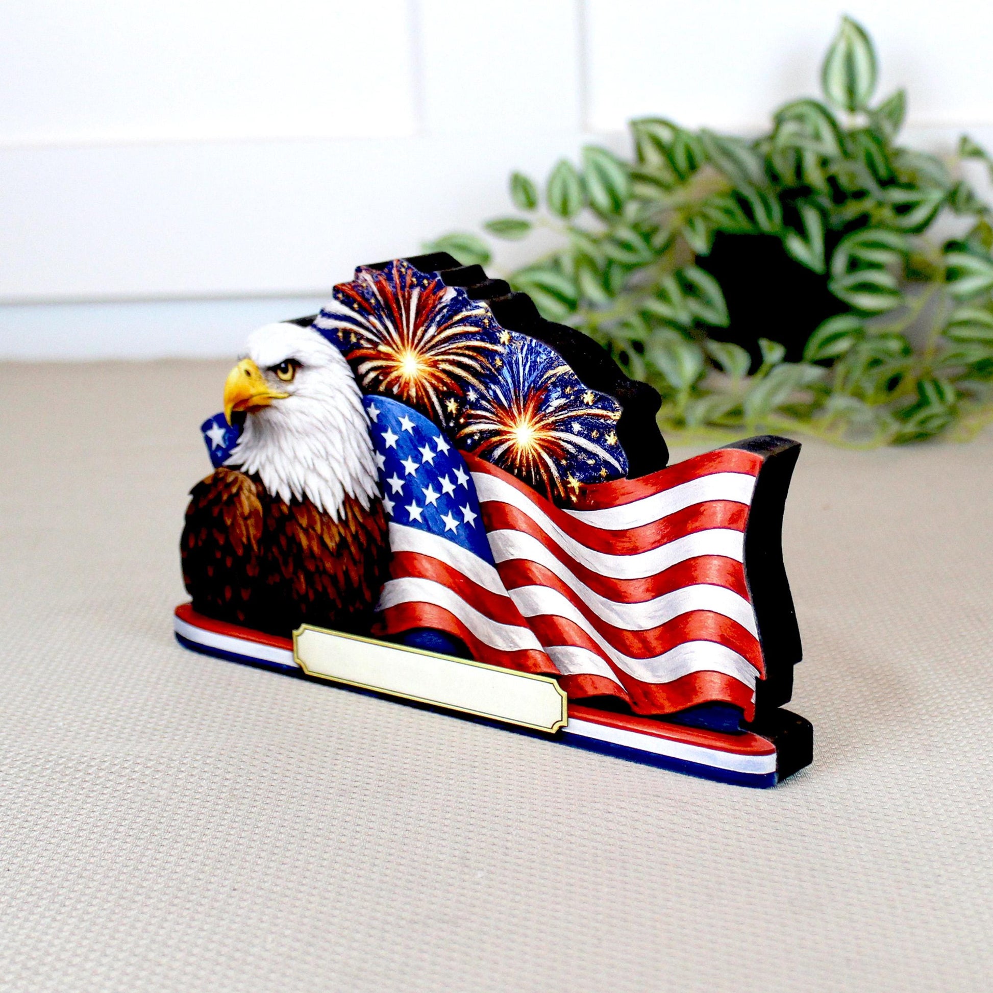 Personalized Patriotic Eagle Shelf Sitter, American Flag Table Decor, 4th of July Shelf Decor, Americana Firework Sign