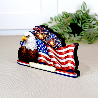Personalized Patriotic Eagle Shelf Sitter, American Flag Table Decor, 4th of July Shelf Decor, Americana Firework Sign