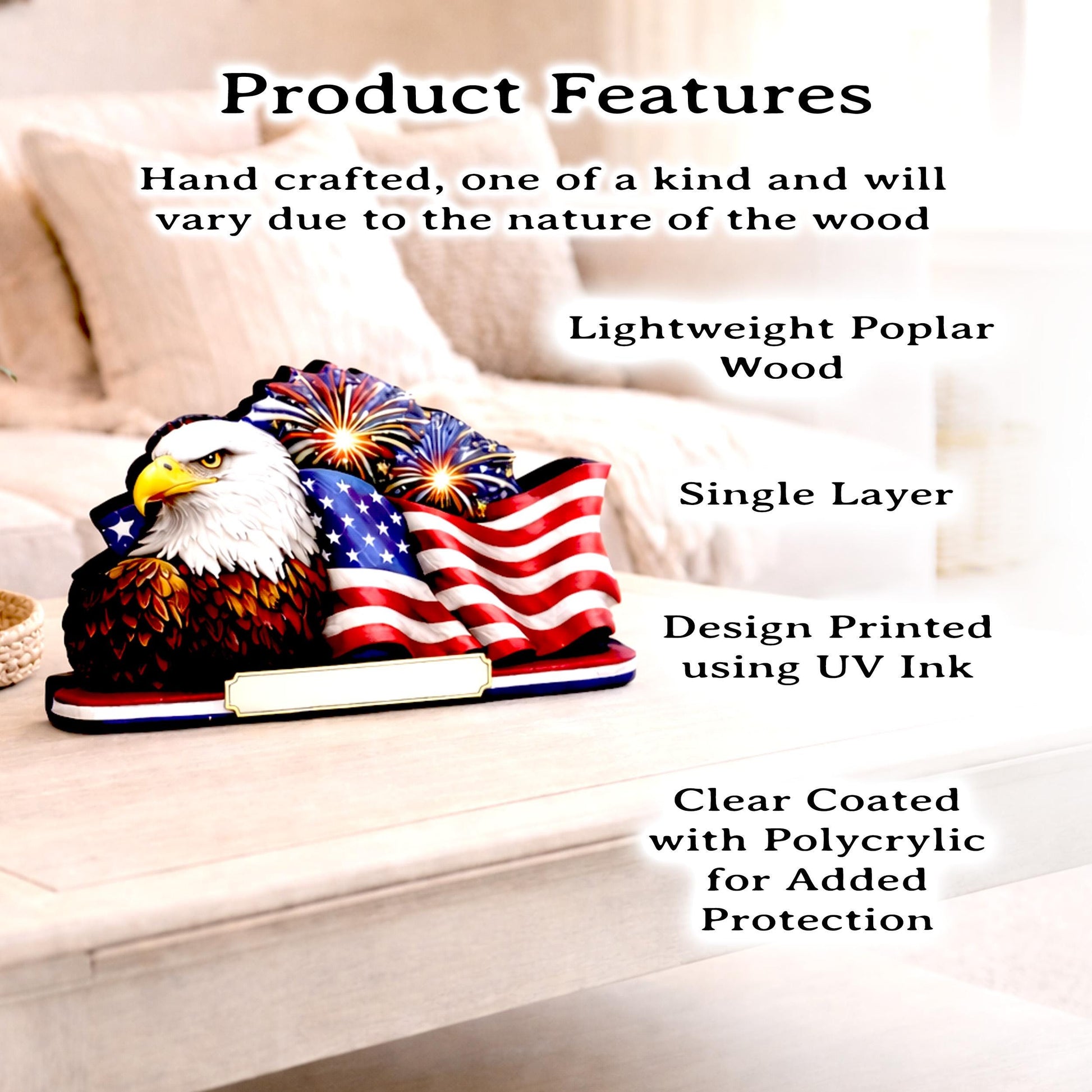 Personalized Patriotic Eagle Shelf Sitter, American Flag Table Decor, 4th of July Shelf Decor, Americana Firework Sign