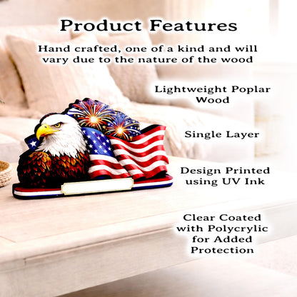 Personalized Patriotic Eagle Shelf Sitter, American Flag Table Decor, 4th of July Shelf Decor, Americana Firework Sign