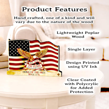 Personalized Patriotic Flag Shelf Sitter, Americana Eagle Decor, 250 Year America Keepsake, Home of the Free Tabletop Sign